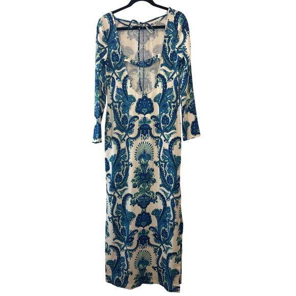 Cara Cara Aria Peacock Blue Print Long Sleeve Maxi Dress Size L - Picture 4 of 11